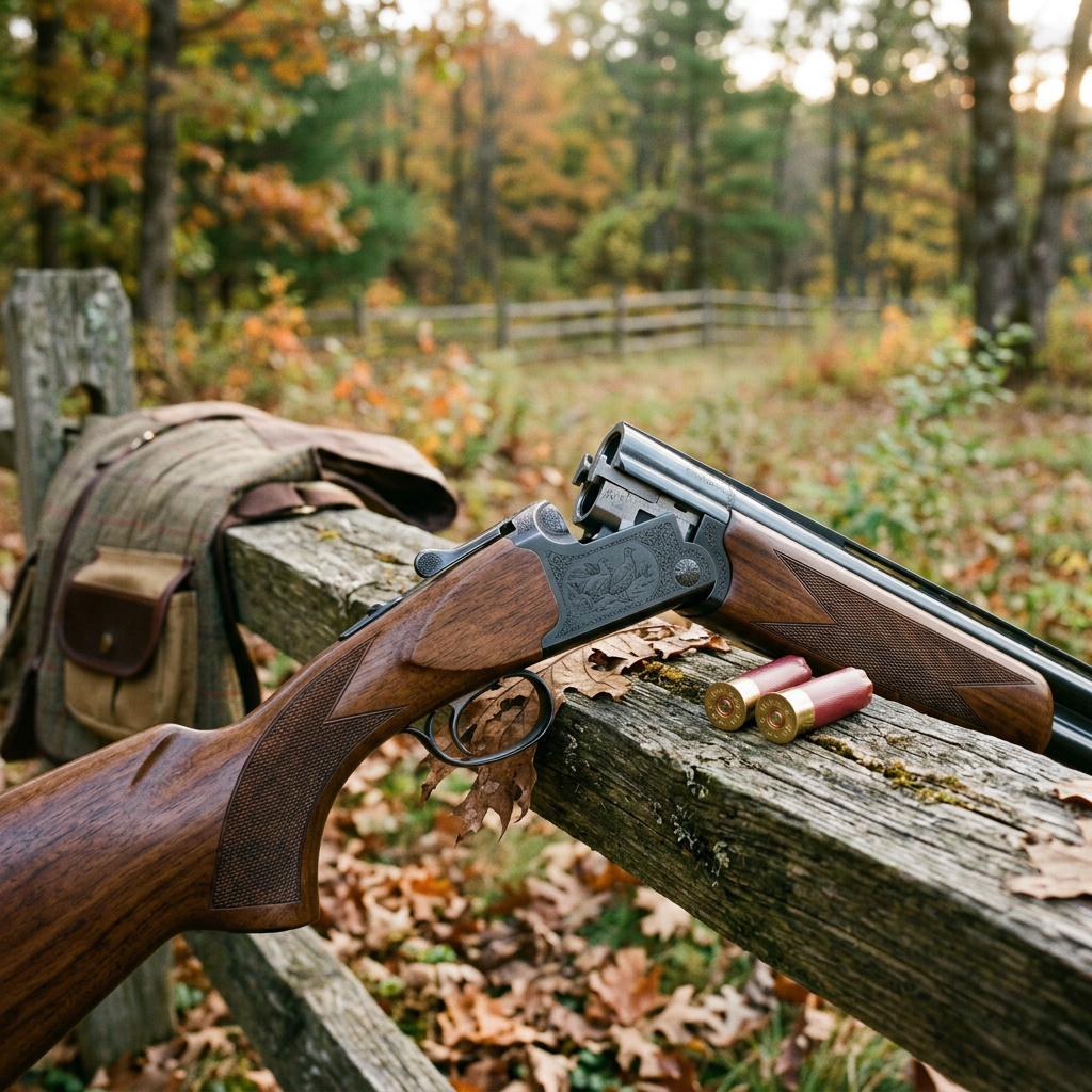 Break-action hunting shotgun with wood stock and two shotgun shells on wooden fence