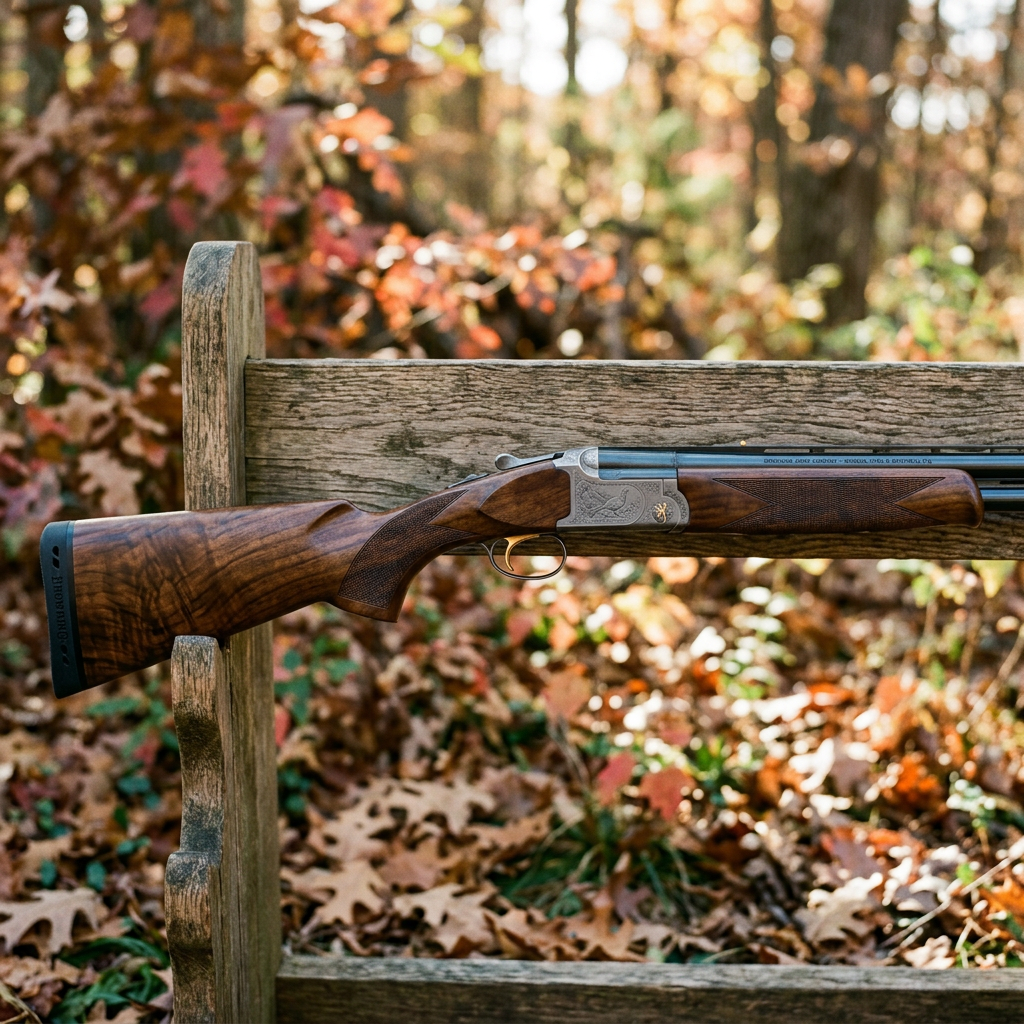 Over-under shotgun with wooden stock resting on a wooden bench surrounded by autumn leaves